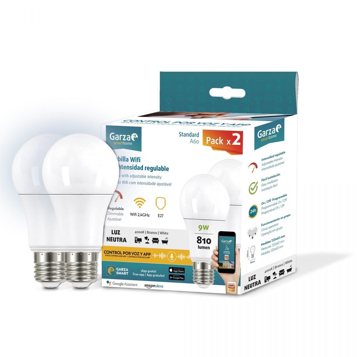 PACK 2 BOMBILLAS LED GARZA INTELIGENTES SMART WIFI E27 REGULABLES - Imagen 3